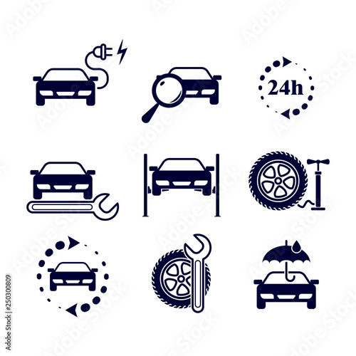 Car service station. Set of 9 monochrome vector icons