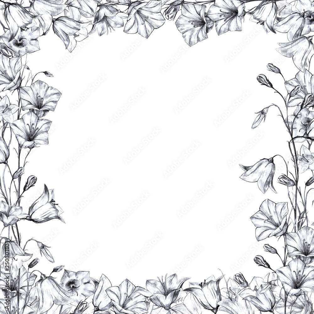 Hand drawn floral square frame with gray, black and white graphic bluebell flowers on white background