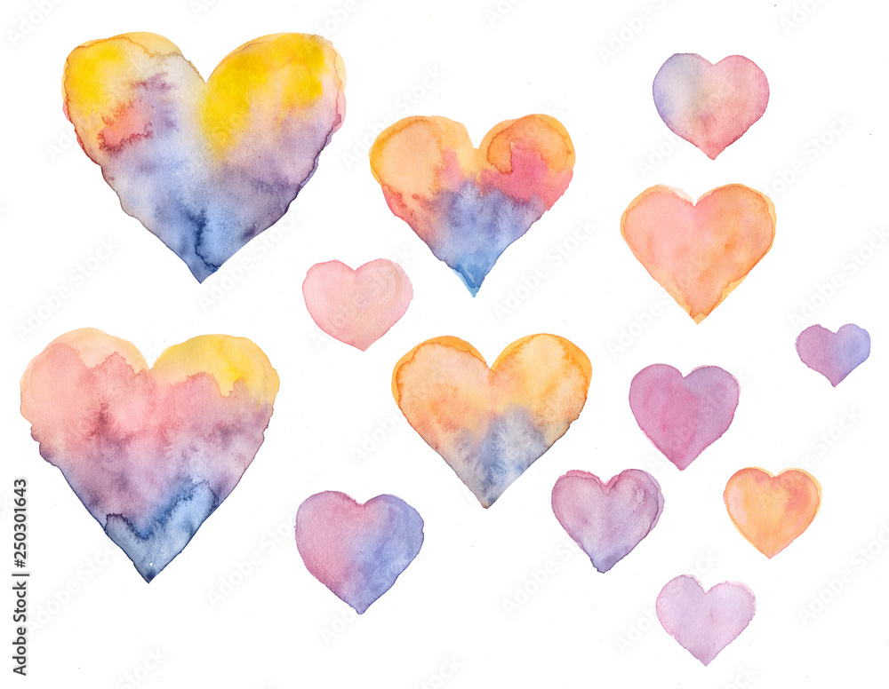 Set of colorful hearts by watercolor