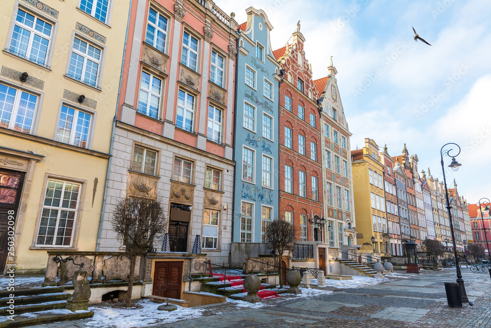 Gdansk colourful buildings in Long Market street, no people