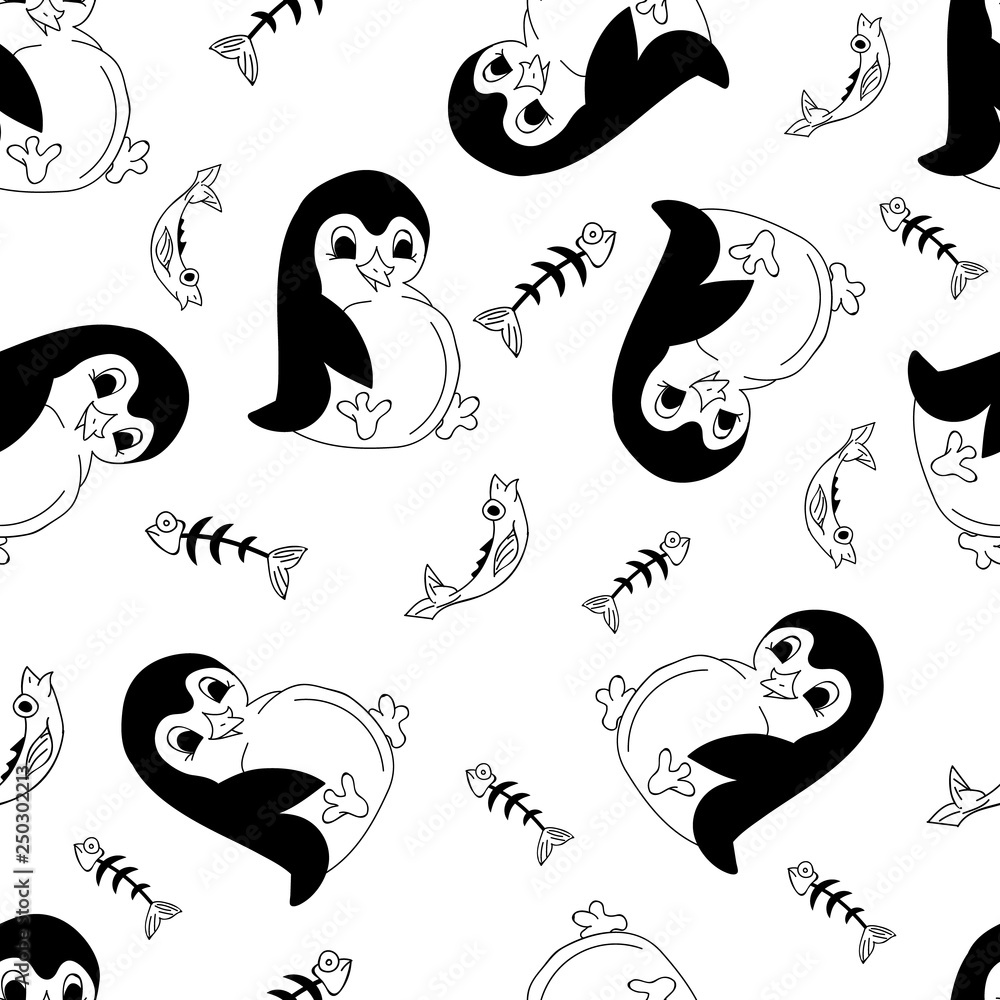 Animals, seamless pattern with a full penguin with a fish and bones from the fish. The drawing in the style of hand drawn. Black and White seamless Background. Animals, seamless pattern with a full penguin with a fish and bones from the fish. The drawing in the style of hand drawn. Black and White seamless Background.