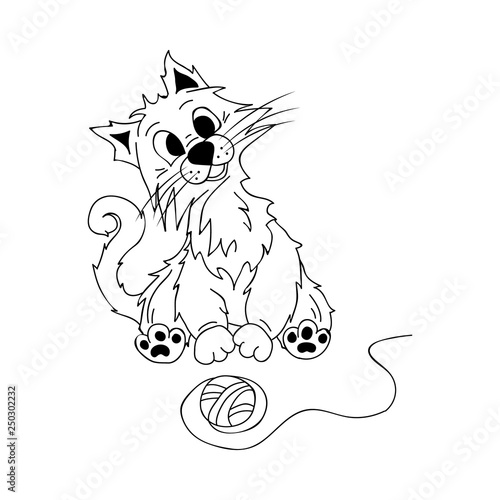 Cat is sitting in a skirt of thread. Animal drawn in cartoon style. Vector illustration made in the style of freehand drawing. Non color pet picture, positive, child print