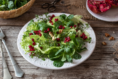 Spring salad with wild chickweed, nut lettuce and pomegranate