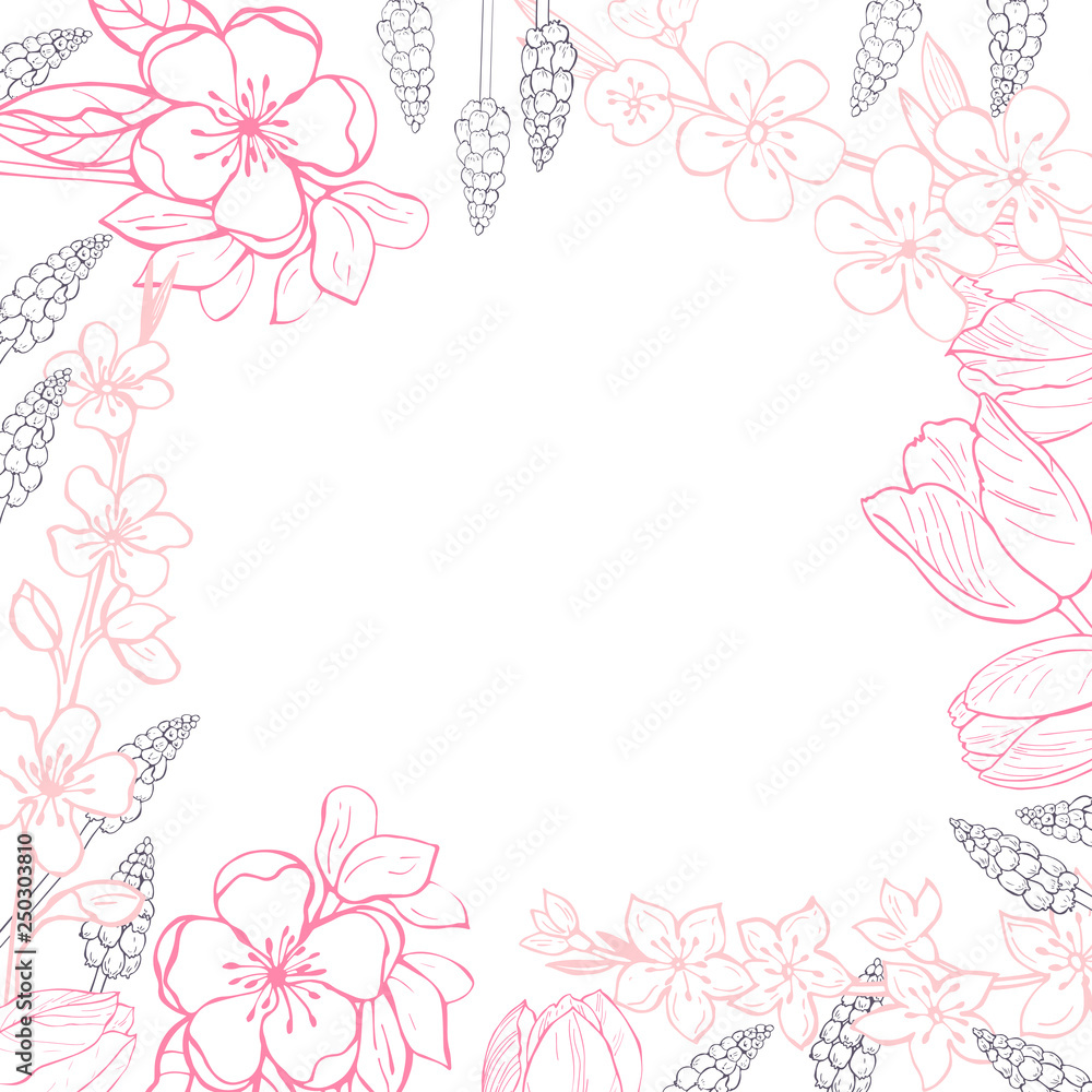 Spring background with  hand drawn flowers.Vector sketch  illustration.