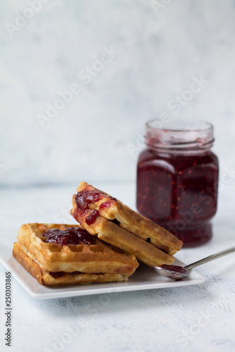 waffles with raspberry jam for Breakfast tasty and healthy