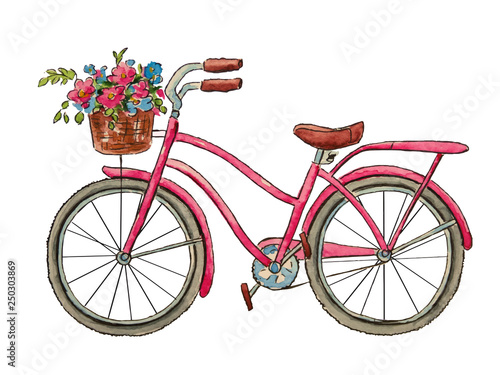 Watercolor  bicycle and  flowers for Valentine's Day. Romantic picture