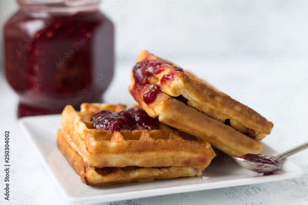 waffles with raspberry jam for Breakfast tasty and healthy waffles with raspberry jam for Breakfast tasty and healthy