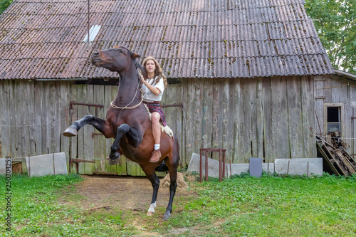 Girl astride horse, who costs on hinder legs, on background of old wooden barn. Riding lessons