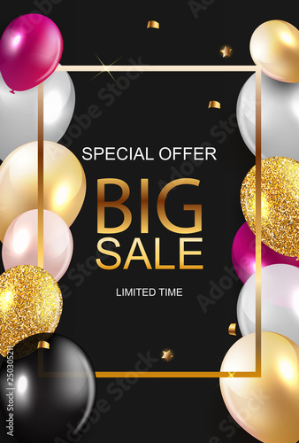 Sale banner with floating balloons. Vector illustration