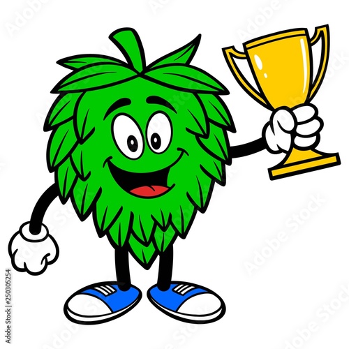 Hop Mascot with a Trophy - A vector cartoon illustration of a Oktoberfest Hop mascot holding a Trophy.