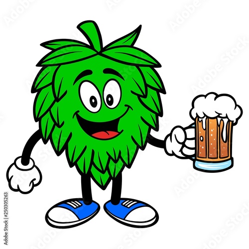 Hop Mascot with a Beer - A vector cartoon illustration of a Oktoberfest Hop mascot holding a mug of Beer.