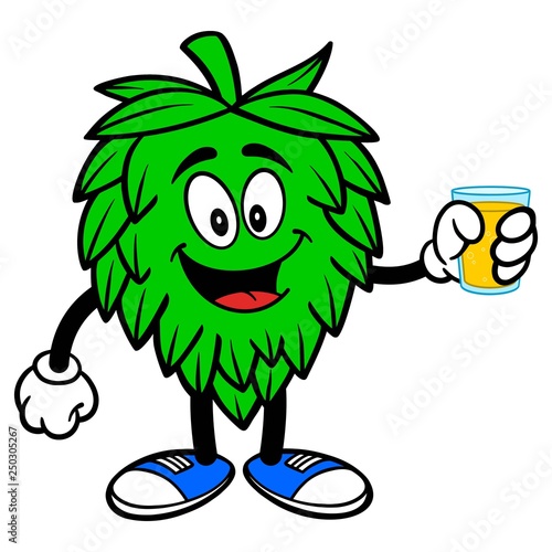 Hop Mascot with cup of Beer - A vector cartoon illustration of a Oktoberfest Hop mascot holding a cup of Beer.