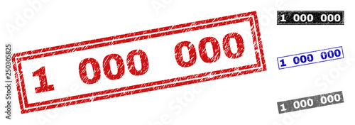 Grunge 1000000 rectangle stamp seals isolated on a white background. Rectangular seals with distress texture in red, blue, black and grey colors.