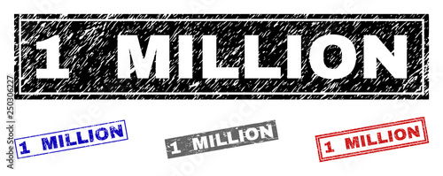 Grunge 1 MILLION rectangle stamp seals isolated on a white background. Rectangular seals with grunge texture in red, blue, black and grey colors.