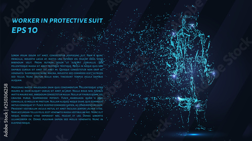 Work in a protective suit of particles on a dark background. Chemical protection from circles and dots.