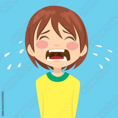 Illustration of cute unhappy little boy crying sad having a tantrum