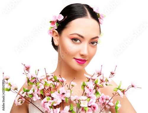 Woman Beauty Makeup in Sakura Flowers, Fashion Model Studio Portrait, Beautiful Girl Isolated over White Background