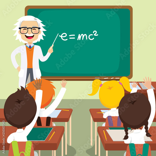 Old male science teacher teaching lesson to group of school kids in classroom