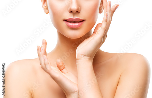 Beauty Natural Skin Care, Woman Touching Face By Hand, Young Girl Isolated over White Background