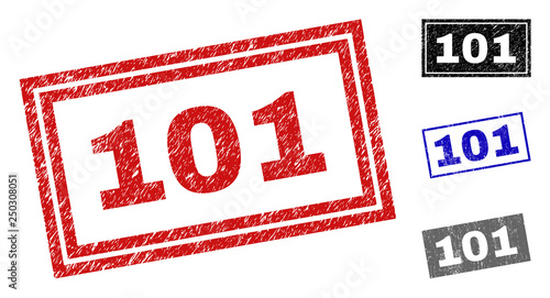 Grunge 101 rectangle watermarks isolated on a white background. Rectangular seals with grunge texture in red, blue, black and gray colors. Vector rubber imprint of 101 title inside rectangle borders.