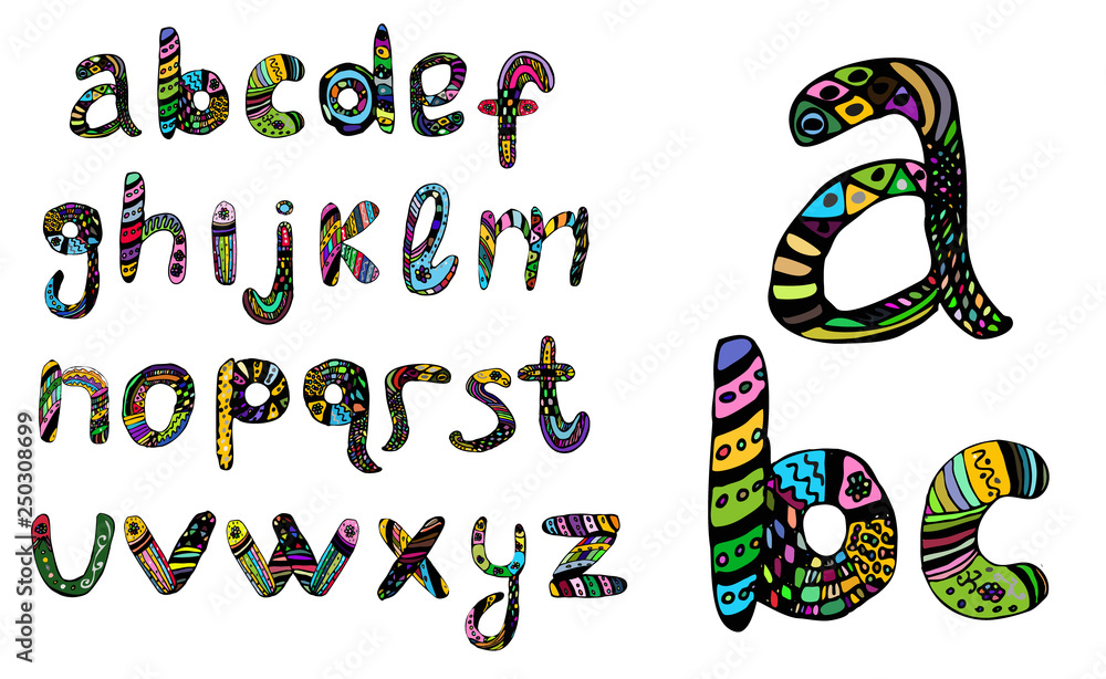 Naklejka premium English multicolored alphabet, hand draw, doodle. Vector illustration on isolated background.