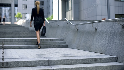 Canvastavla Business lady climbing stairs to office center, career ladder, success promotion