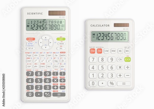 Scientific and simple calculators with solar cell in white color.