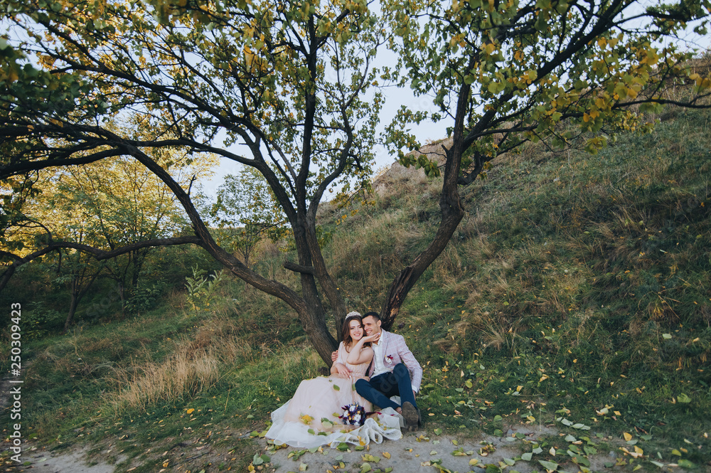 Autumn portrait of beautiful newlyweds, on the background of a large tree with leaves. Wedding photography. Stylish groom hugging a sweet bride in a beige dress with a crown.