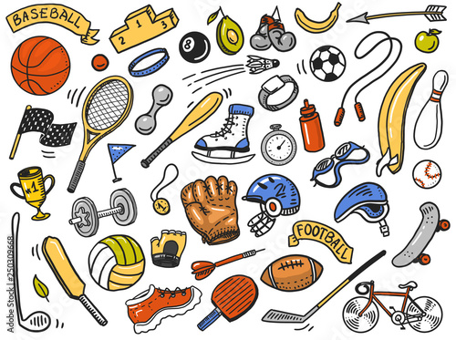 Sport Seamless pattern. Icons doodle style. Equipment for fitness and training. Symbols of health and activity. Tennis and football  basketball. Games for the gym. Background for web site.