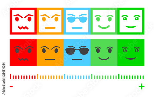 Five Color Faces Feedback/Mood. Set five faces scale - smile neutral sad - isolated vector illustration. Scale bar rating feedback from red to green. Flat design. Vector illustration EPS10. 