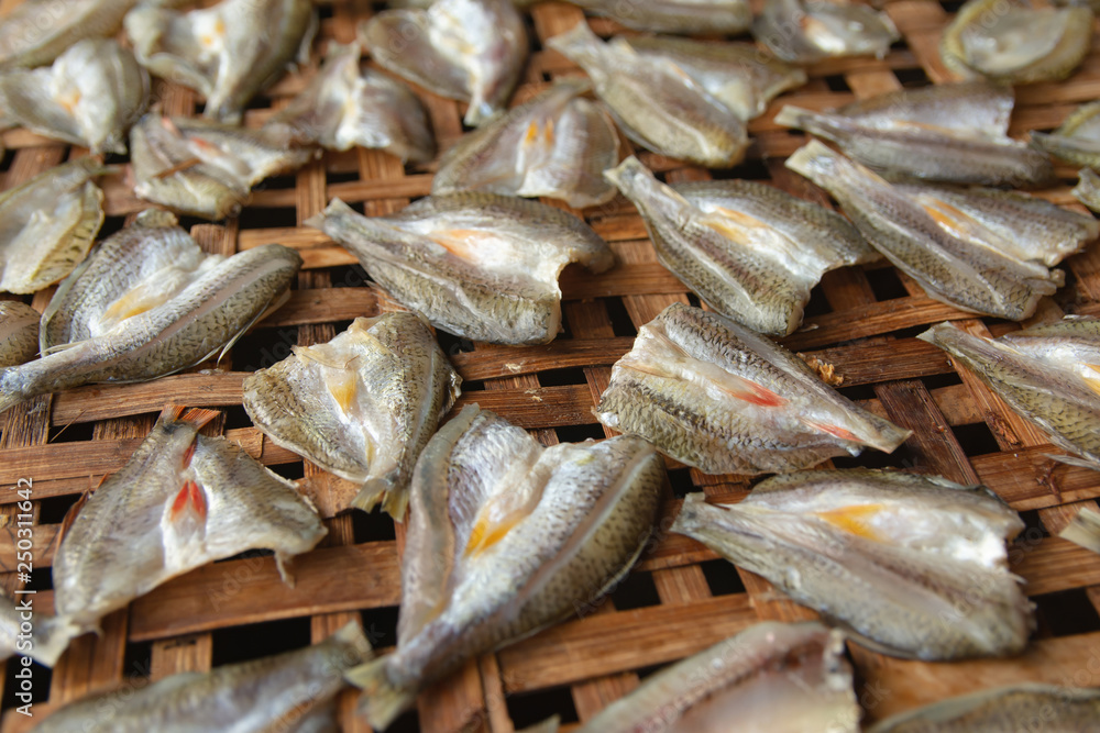 Dried fish on Bamboo sieve with sunny Dried fish on Bamboo sieve with sunny