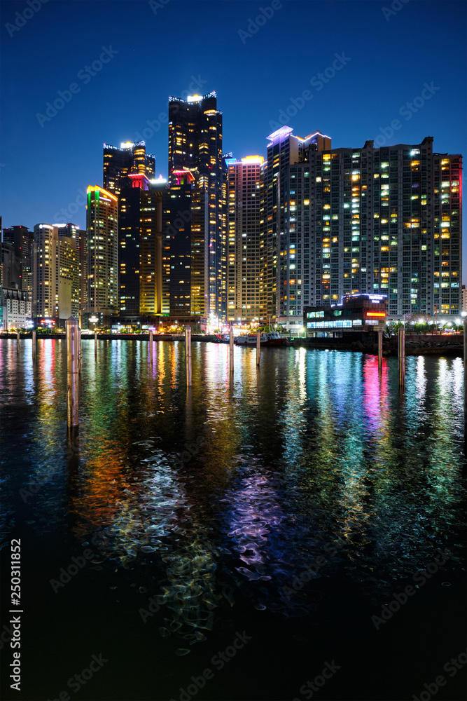Fototapeta premium Busan Marina city skyscrapers illluminated in night