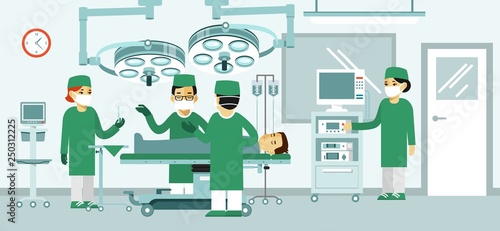 Medicine surgery concept with surgeons and patient in operating room. Modern hospital interior with furniture and equipment for operation. Nurses and doctors with sick man on stretcher.