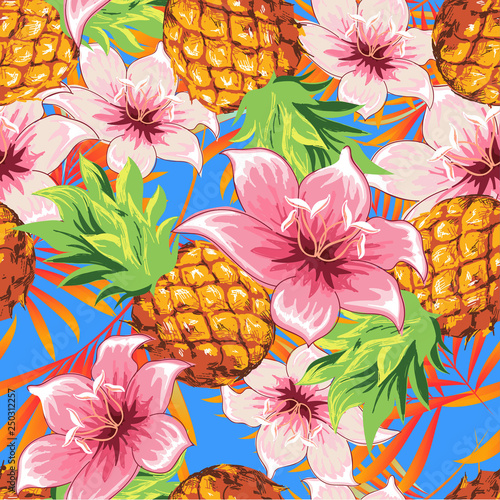 Tropical flowers with pineapples on the background of palm leaves. Vector image.