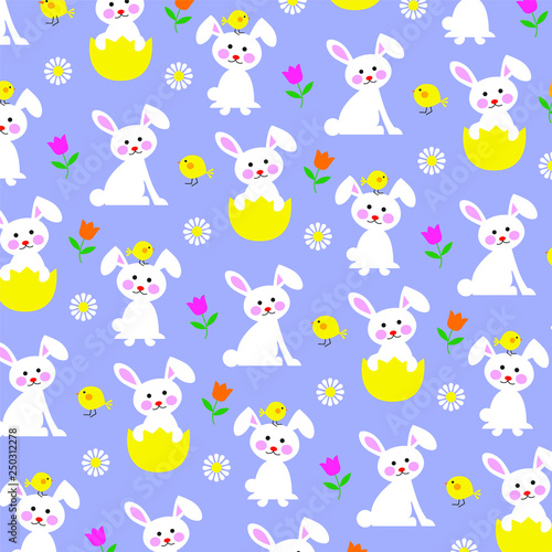 Easter bunny and chick pattern on purple background
