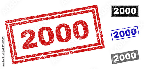 Grunge 2000 rectangle stamp seals isolated on a white background. Rectangular seals with distress texture in red, blue, black and grey colors.