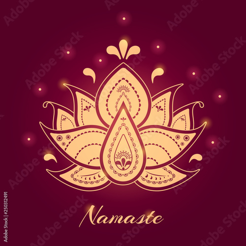 Golden lotus with namaste word. Cute folk vector illustration on red background