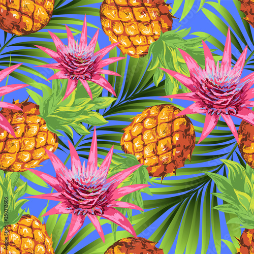 Tropical flowers with pineapples on the background of palm leaves. Vector image.