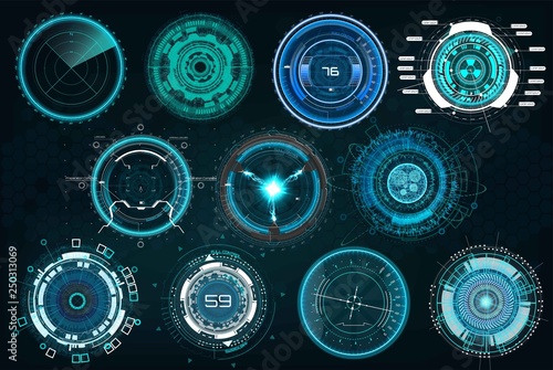 Set circle elements in a futuristic (HUD) style.Interface Device: Radars, crosshair, aim, turbojets, hours, mechanisms. Vector set elements HUD, UI, FI, SCI, GUI