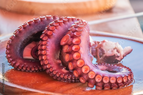 Streetside stalls oferring fresh boiled octopus, Lalin, Pontevedra, Gallicia, Spain
