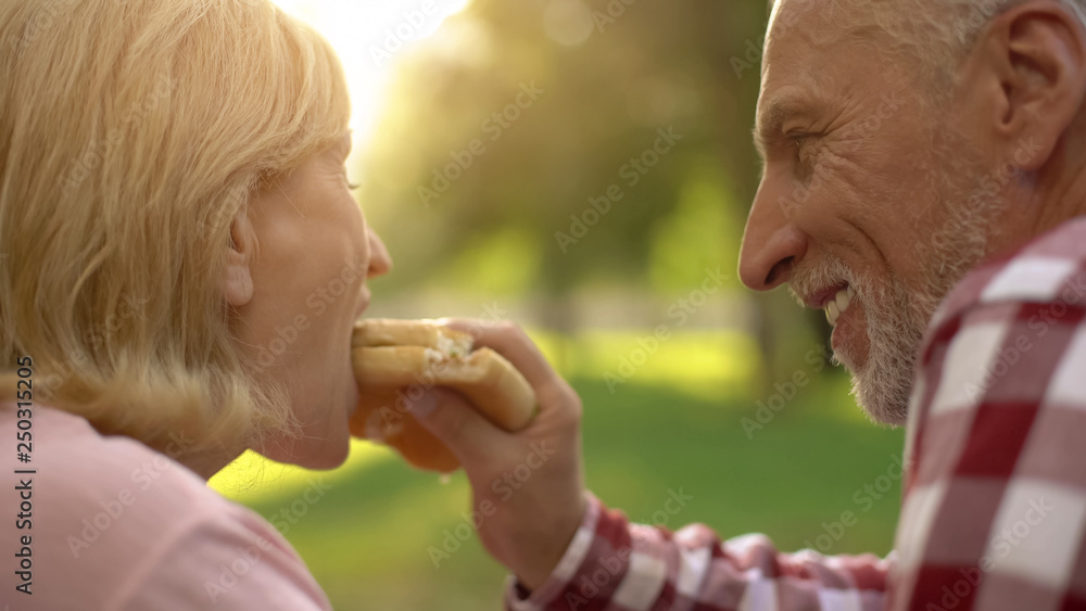 Obraz premium Elderly man feeding his wife fast food burger on picnic, romantic date in park