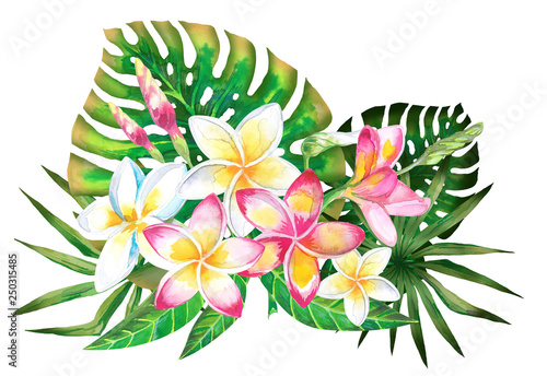 Watercolor summer tropical design for banner or flyer with exotic palm leaves, Plumeria flowers photo