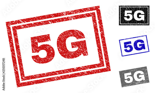 Grunge 5G rectangle stamp seals isolated on a white background. Rectangular seals with grunge texture in red, blue, black and gray colors. Vector rubber overlay of 5G label inside rectangle frames.