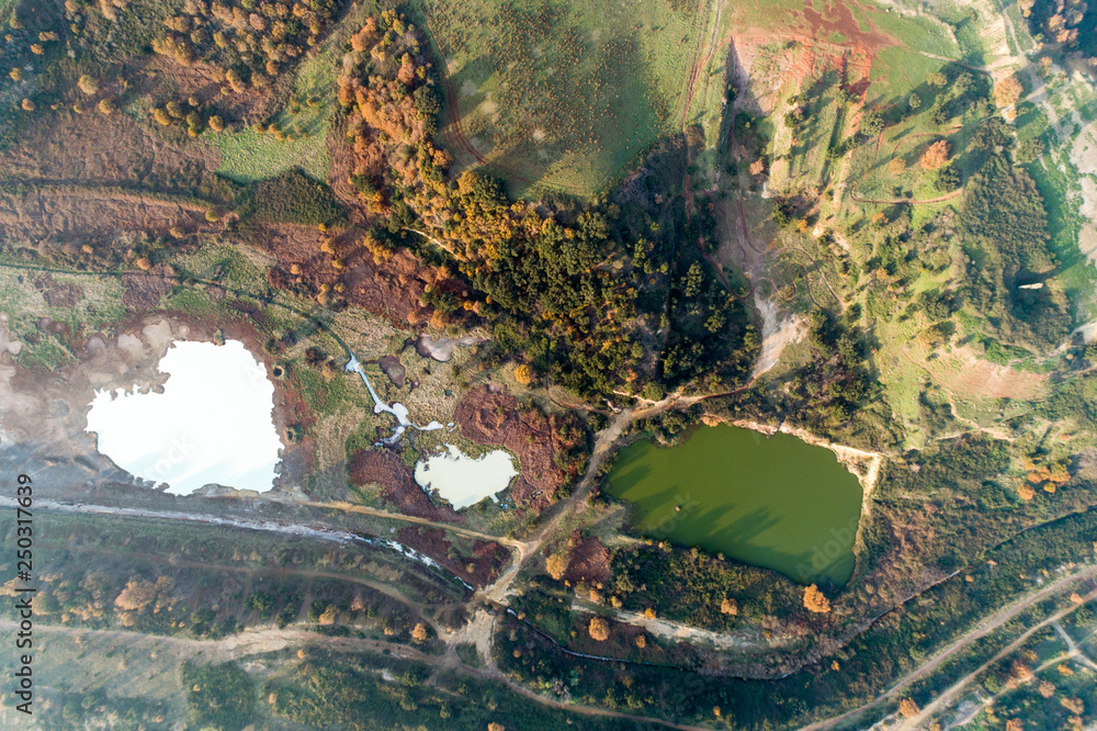 2 heart-shaped lakes. Lakes of the solfatara of Pomezia, Rome