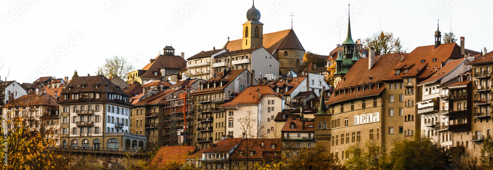 Landscape with historic medieval houses in Friburg, Switzerland