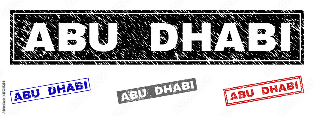 Grunge ABU DHABI rectangle stamp seals isolated on a white background. Rectangular seals with grunge texture in red, blue, black and grey colors. Grunge ABU DHABI rectangle stamp seals isolated on a white background. Rectangular seals with grunge texture in red, blue, black and grey colors.