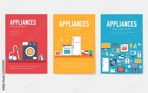 Home appliances cards set. Electronics template of flyear, magazines, posters, book cover, banners. Devices infographic concept background. Layout illustrations template pages with typography text