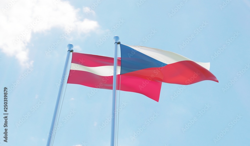 Latvia and Czech Republic, two flags waving against blue sky. 3d image Latvia and Czech Republic, two flags waving against blue sky. 3d image