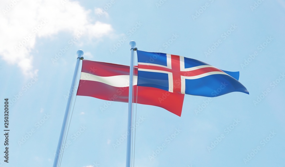 Latvia and Iceland, two flags waving against blue sky. 3d image Latvia and Iceland, two flags waving against blue sky. 3d image