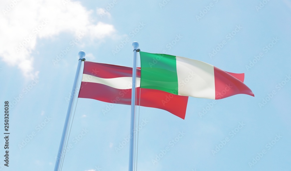 Latvia and Italy, two flags waving against blue sky. 3d image Latvia and Italy, two flags waving against blue sky. 3d image